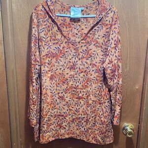 Orange and Black Leaf Print Soft Hooded Long Sleeve Top